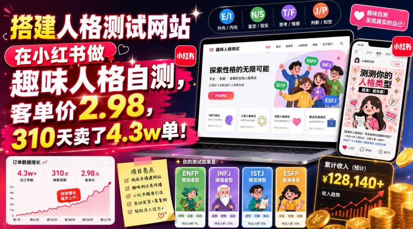 搭建人格测试网站在小红书做趣味人格自测,客单价2.98,310天卖了4.3w单!-小白项目网