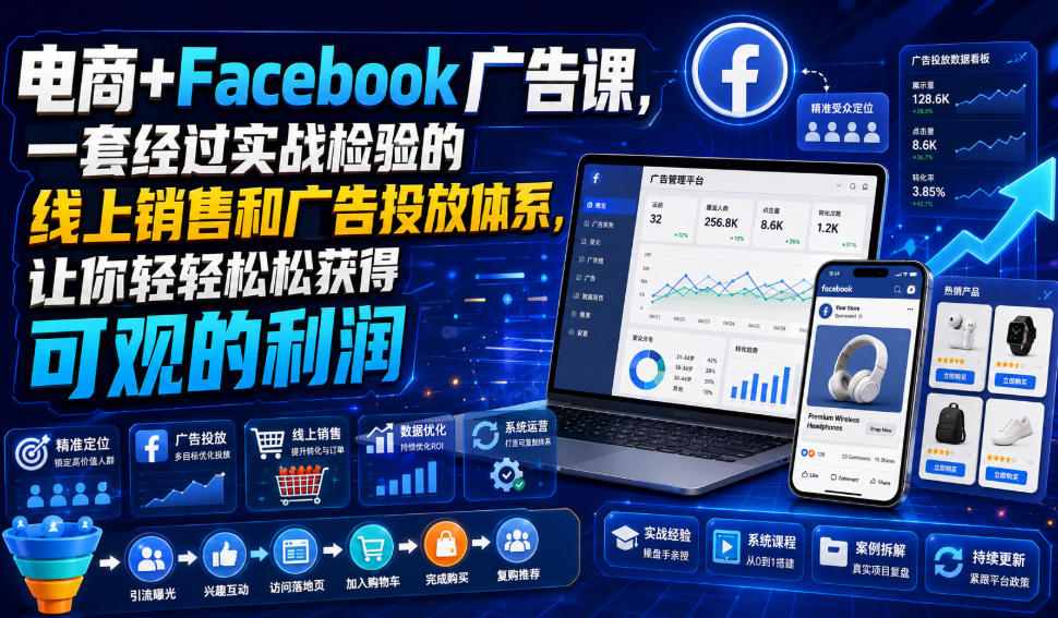 电商+Facebook广告课，一套经过实战检验的线上销售和广告投放体系，让你轻轻松松获得可观的利润【原创双语字幕】-小白项目网