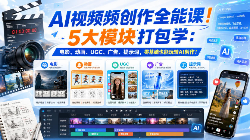 AI视频频创作全能课！5大模块打包学：电影、动画、UGC、广告、提示词，零基础也能玩转AI创作！【原创双语字幕】-小白项目网