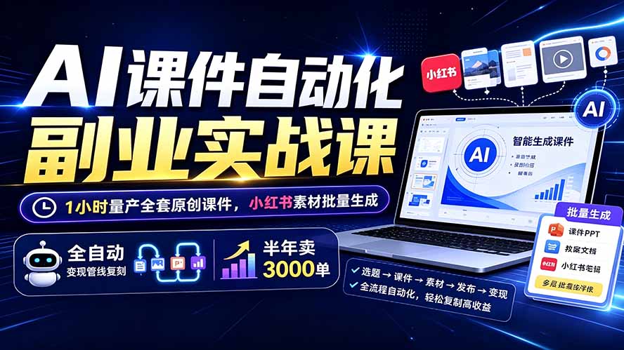 AI课件自动化副业实战课：1小时量产全套原创课件×小红书素材批量生成×全自动变现管线×半年卖3000单-小白项目网