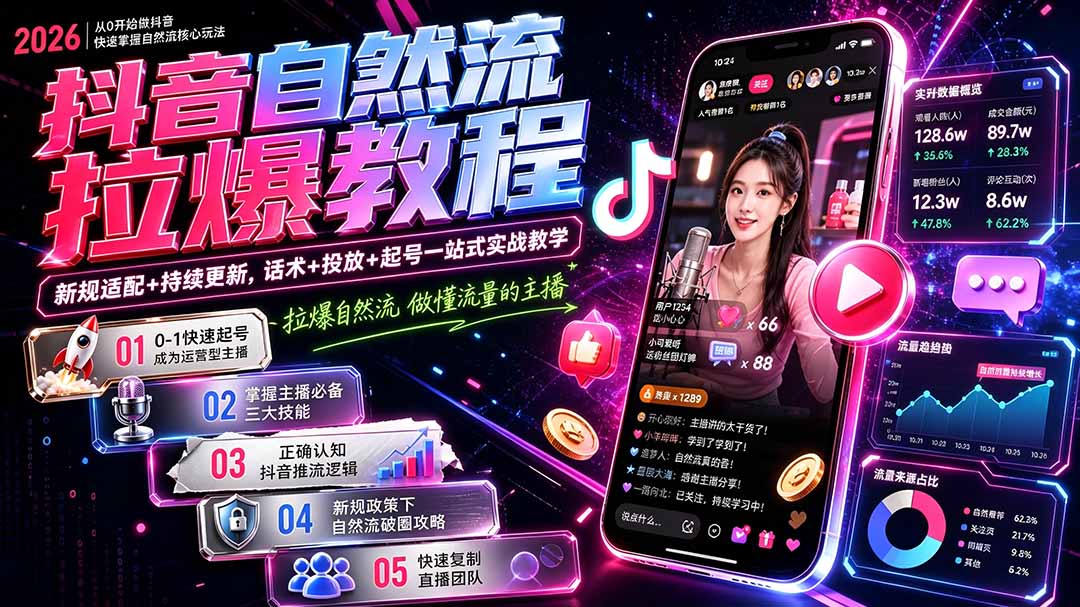 抖音自然流拉爆教程-更新7月：做懂流量的主播，新规适配+持续更新，话术+投放+起号一站式实战教学-小白项目网