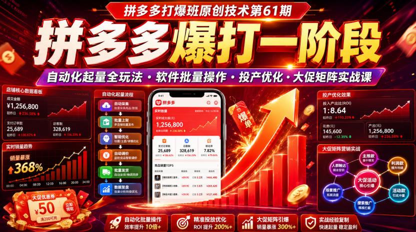 拼多多打爆班原创技术第61期，拼多多爆打一阶段，自动化起量全玩法・软件批量操作・投产优化・大促矩阵实战课-小白项目网
