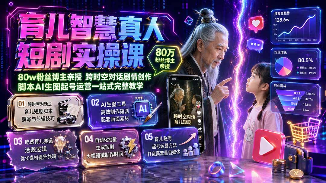 育儿智慧真人短剧实操课｜80w粉丝博主亲授，跨时空对话剧情创作，脚本AI生图起号运营一站式完整教学-小白项目网