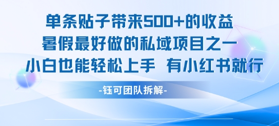 单条贴子带来5张的收益，暑假最好做的私域项目之一，小白也能轻松上手，有小红书就行 - 小白项目网-小白项目网