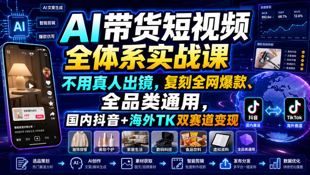 AI带货短视频全体系实战课，不用真人出镜，复刻全网爆款、全品类通用，国内抖音+海外TK双赛道变现-小白项目网