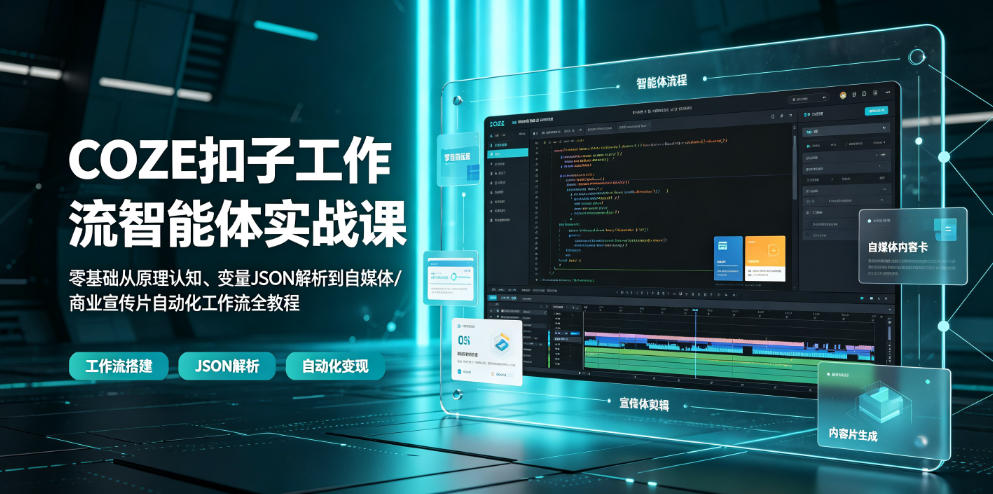 COZE扣子工作流智能体实战课｜零基础从原理认知、变量JSON解析到自媒体/商业宣传片自动化工作流全教程-小白项目网