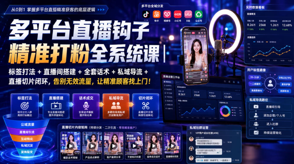 多平台直播钩子精准打粉全系统课｜标签打法+直播间搭建+全套话术+私域导流+直播切片闭环，告别无效流量，让精准顾客找上门！-小白项目网
