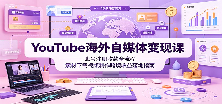 YouTube海外自媒体变现课:账号注册收款全流程,素材下载视频制作跨境收益落地指南-小白项目网