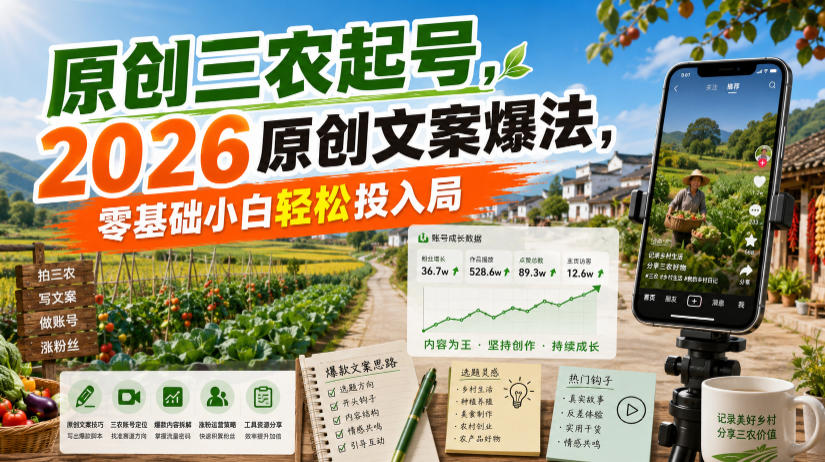 原创三农起号，2026原创文案爆法，零基础小白轻松投入局-小白项目网