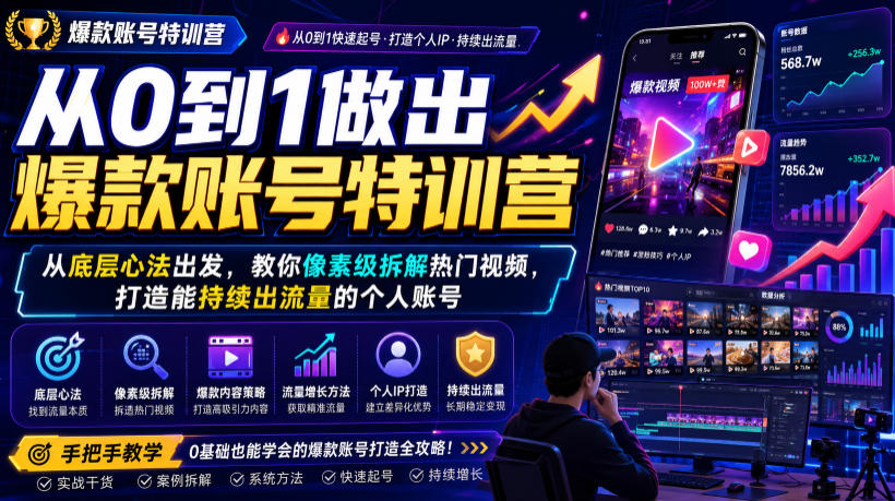 从0到1做出爆款账号特训营，从底层心法出发，教你像素级拆解热门视频，打造能持续出流量的个人账号-小白项目网