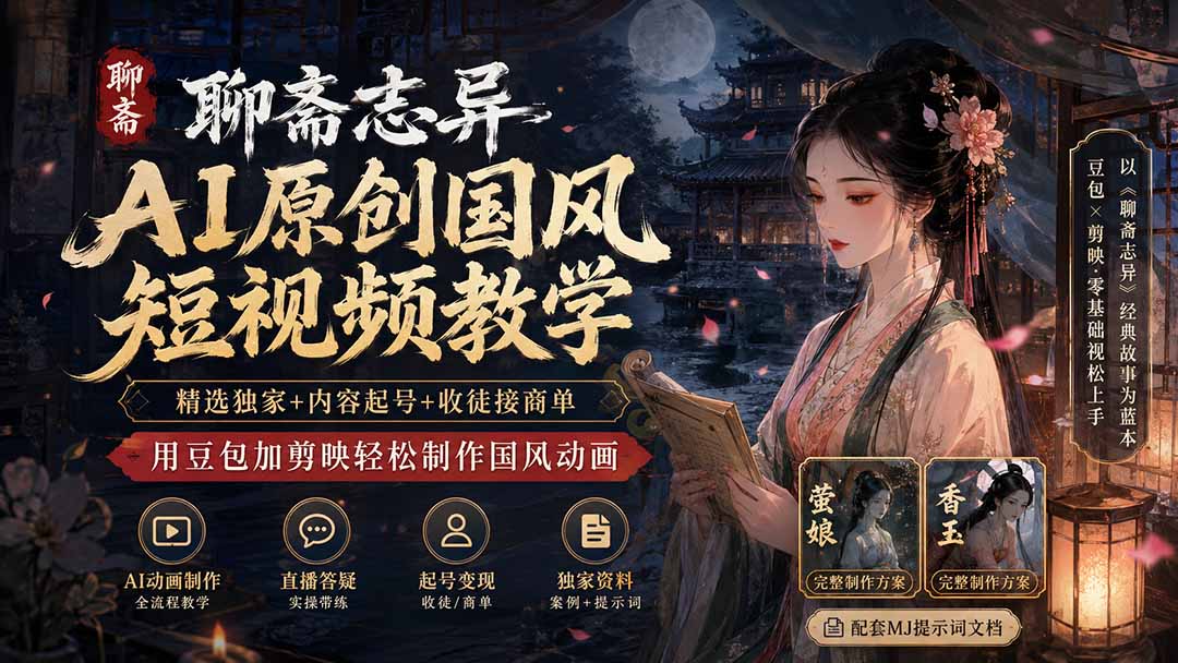 聊斋志异AI原创国风短视频教学；精选独家+内容起号+收徒接商单，用豆包加剪映轻松制作国风动画-小白项目网