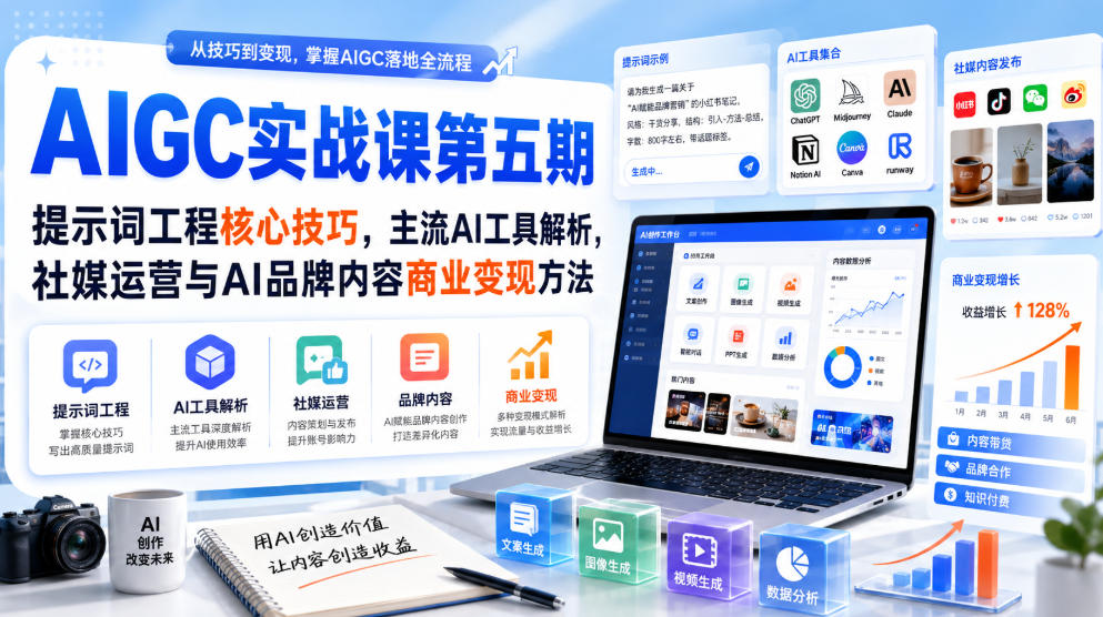 刺猬星球·AIGC实战课第五期，提示词工程核心技巧，主流AI工具解析，社媒运营与AI品牌内容商业变现方法-小白项目网