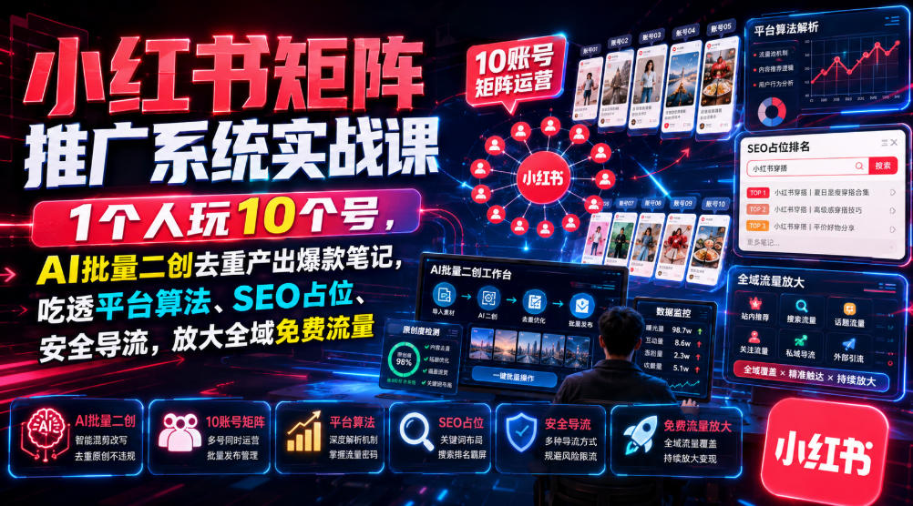 小红书矩阵推广系统实战课｜1个人玩10个号，AI批量二创去重产出爆款笔记，吃透平台算法、SEO占位、安全导流，放大全域免费流量-小白项目网