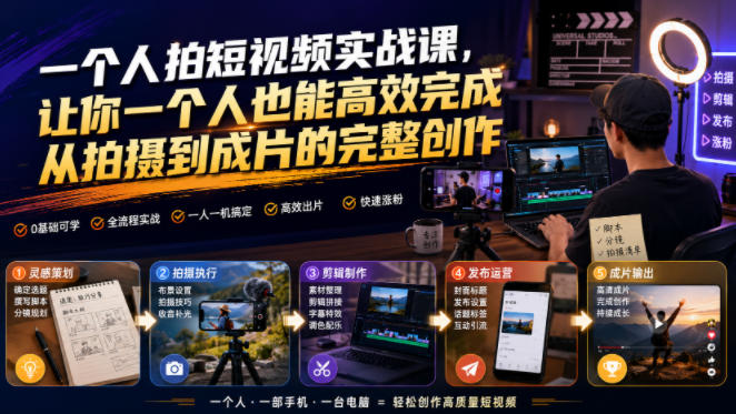 一个人拍短视频实战课，让你一个人也能高效完成从拍摄到成片的完整创作-小白项目网