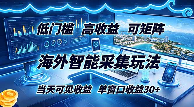 海外智能采集玩法，低门槛高单价可矩阵，当天可见收益，单窗口30+-小白项目网