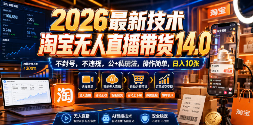 2026最新技术,淘宝无人直播带货14.0,不封号,不违规,公+私玩法,操作简单,日入10张【揭秘】-小白项目网