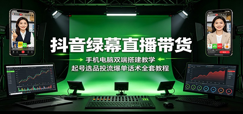 抖音绿幕直播带货：手机电脑双端搭建教学，起号选品投流爆单话术全套教程-小白项目网