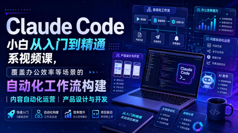 Claude Code小白从入门到精通系视频课，覆盖办公效率等场景的自动化工作流构建|内容自动化运营|产品设计与开发-小白项目网
