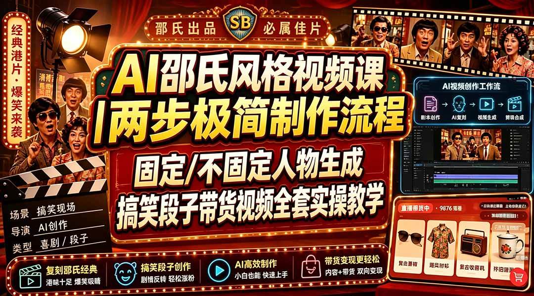 （19602期）AI邵氏风格视频课｜两步极简制作流程，固定/不固定人物生成，搞笑段子带货视频全套实操教学-小白项目网