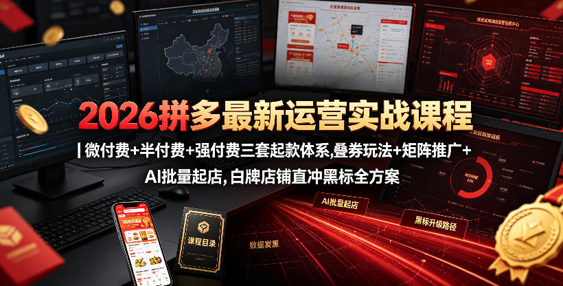 2026拼多多最新运营实战课程｜微付费+半付费+强付费三套起款体系，叠券玩法+矩阵推广+AI批量起店，白牌店铺直冲黑标全方案-小白项目网