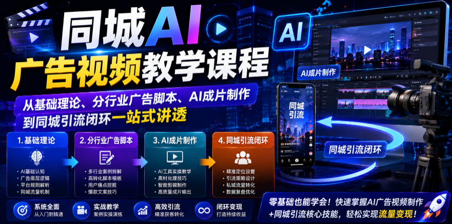 同城AI广告视频教学课程，从基础理论、分行业广告脚本、AI成片制作到同城引流闭环一站式讲透-小白项目网