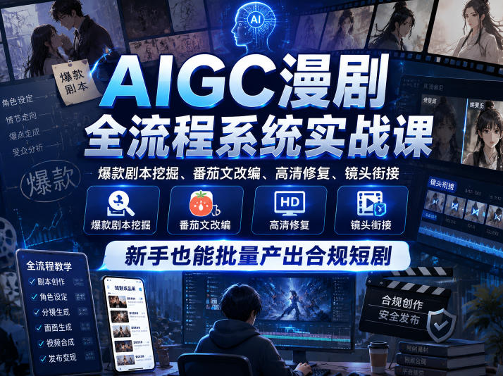 AIGC漫剧全流程系统实战课，爆款剧本挖掘、番茄文改编、高清修复、镜头衔接，新手也能批量产出合规短剧-小白项目网