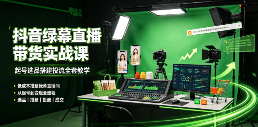 某社群抖音绿幕直播带货实战课，起号选品搭建投流全套教学，低成本搭建绿幕直播间-小白项目网
