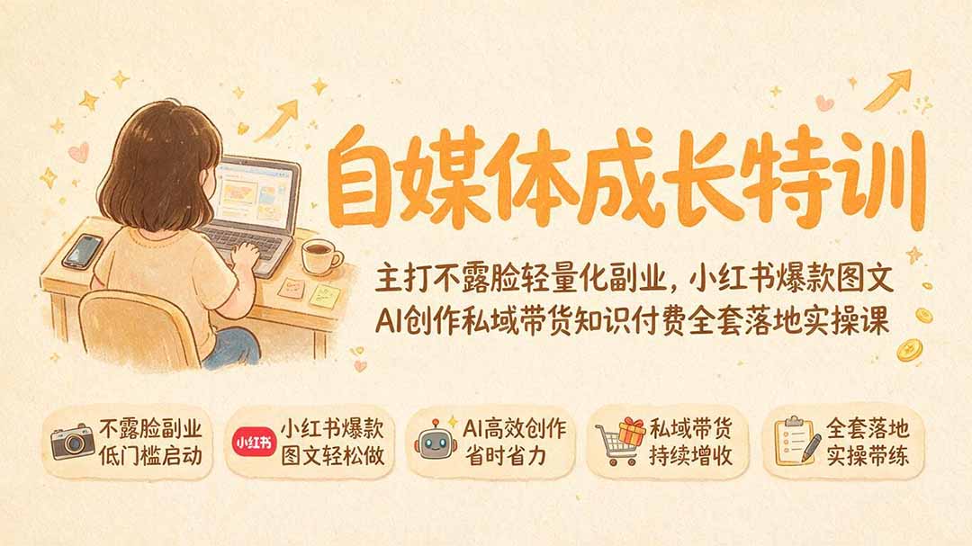 自媒体成长特训｜主打不露脸轻量化副业，小红书爆款图文AI创作私域带货知识付费全套落地实操课-小白项目网