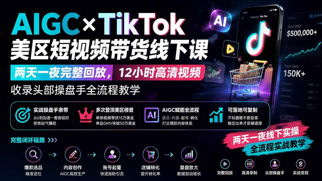 （19778期）AIGC×TikTok美区短视频带货线下课；两天一夜完整回放，12小时高清视频收录头部操盘手全流程教学-小白项目网