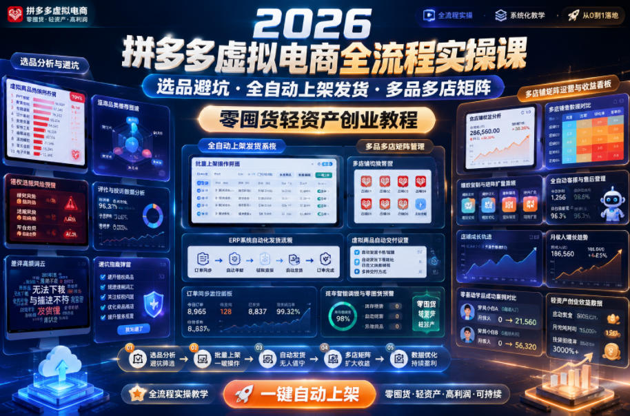 2026拼多多虚拟电商全流程实操课,选品避坑・全自动上架发货・多品多店矩阵,零囤货轻资产创业教程-小白项目网