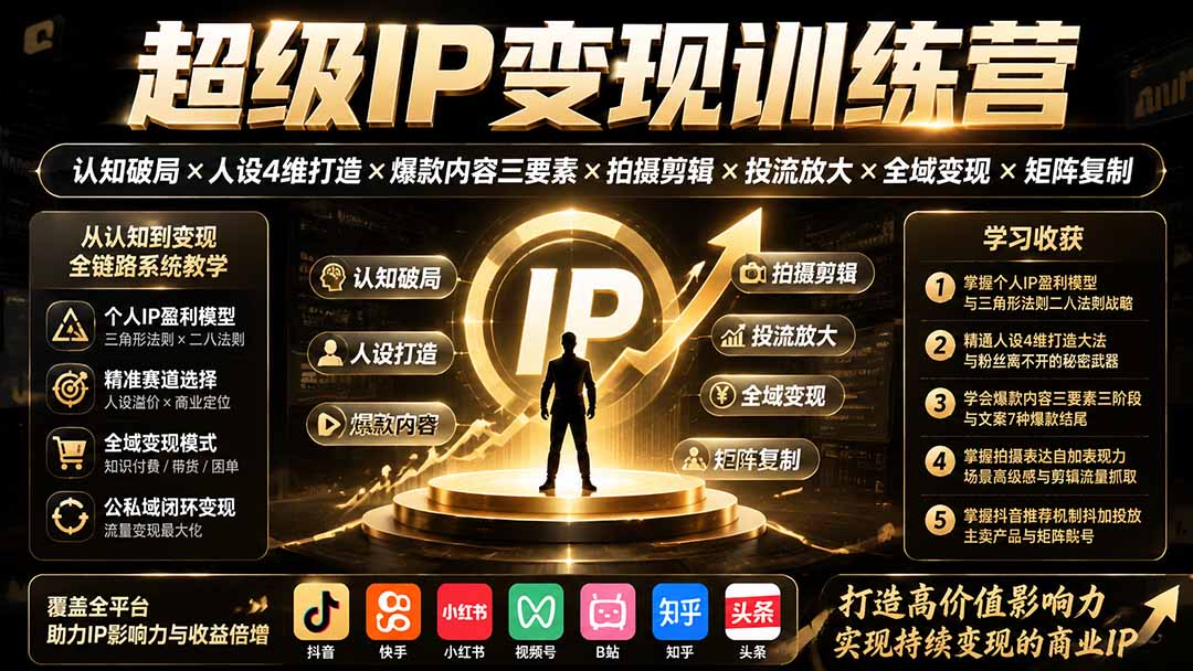 超级IP变现训练营：认知破局×人设4维打造×爆款内容三要素×拍摄剪辑×投流放大×全域变现×矩阵复制-小白项目网