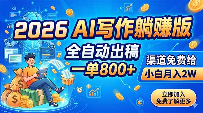 (18885期)2026 AI写作躺赚版:全自动出稿,一单800+,渠道免费给,小白月入2W-小白项目网