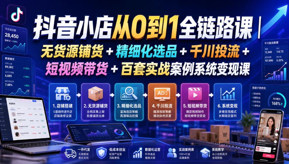 抖音小店从0到1全链路课｜无货源铺货+精细化选品+千川投流+短视频带货+百套实战案例系统变现课（2026年7月更新）-小白项目网