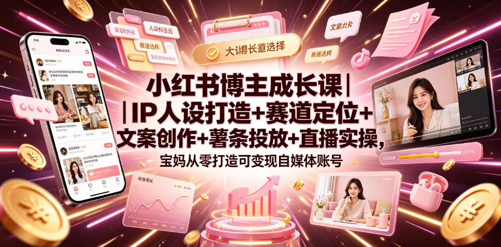 小红书博主成长课｜IP人设打造+赛道定位+文案创作+薯条投放+直播实操，宝妈从零打造可变现自媒体账号-小白项目网