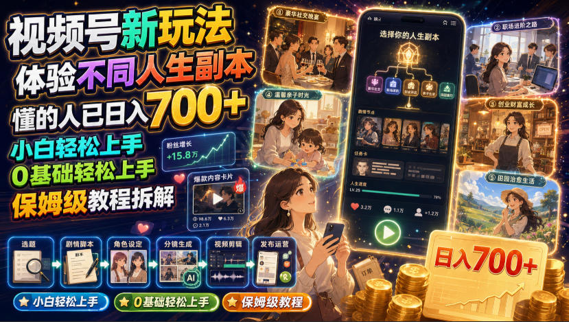 视频号新玩法体验不同人生副本，懂的人已日入700+，小白轻松上手，0基础轻松上手，保姆级教程拆解-小白项目网