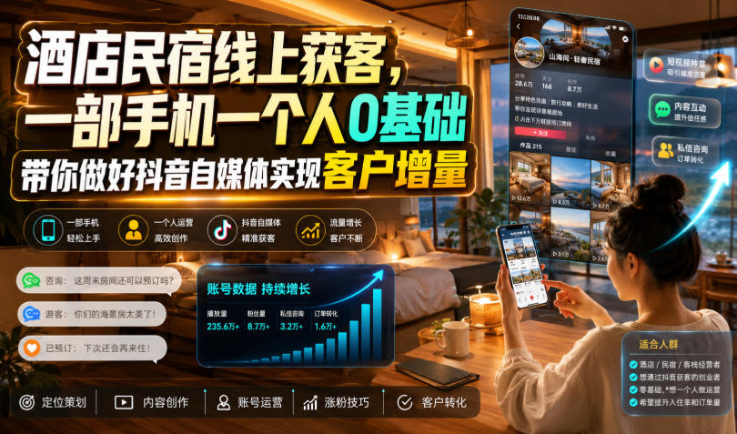 酒店民宿线上获客，一部手机一个人0基础带你做好抖音自媒体实现客户增量-小白项目网