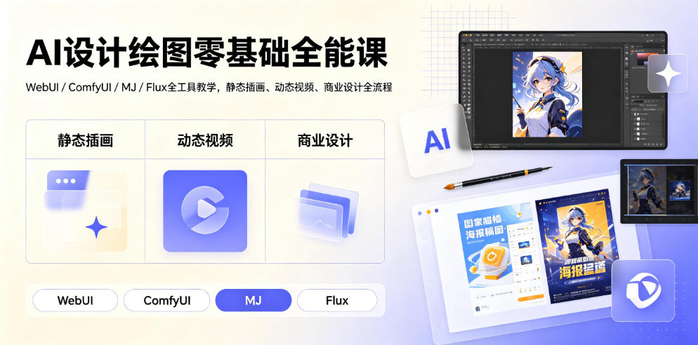AI设计绘图零基础全能课｜WebUI/ComfyUI/MJ/Flux全工具教学，静态插画、动态视频、商业设计全流程-小白项目网