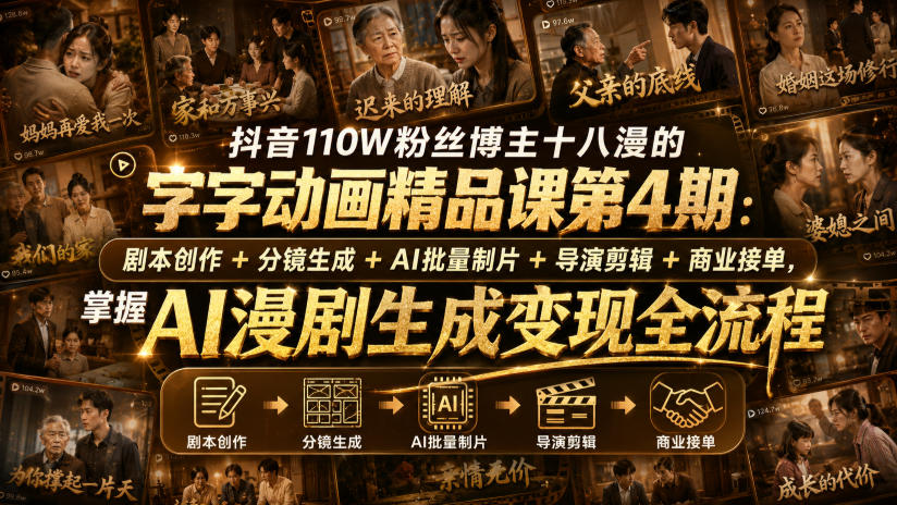 抖音110W粉丝博主十八漫的字字动画精品课第4期：剧本创作+分镜生成+剪辑+商业接单，掌握AI漫剧生成变现全流程-小白项目网