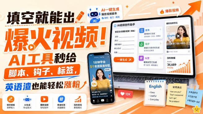 填空就能出爆火视频！AI工具秒给脚本、钩子、标签，英语渣也能轻松涨粉【原创双语字幕】-小白项目网