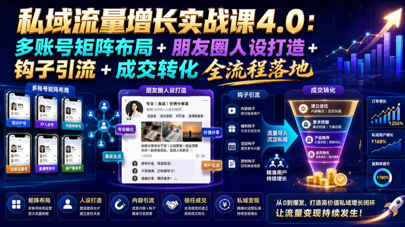 私域流量增长实战课4.0:多账号矩阵布局+朋友圈人设打造+钩子引流+成交转化全流程落地-小白项目网