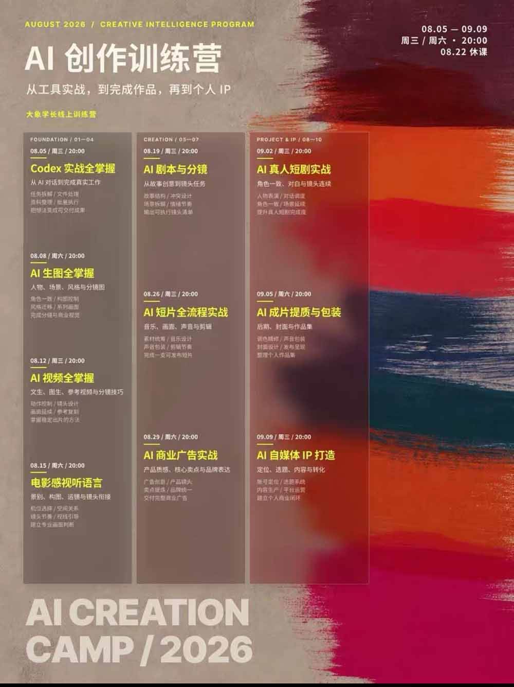 （20145期）AI+创作训练营26年8月第5期：从Codex、AI生图视频到剧本分镜与电影感短片，跑通个人IP商业闭环-小白项目网
