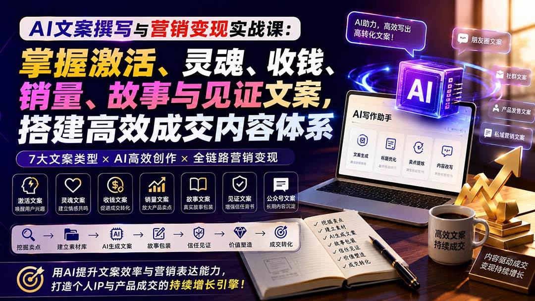 （20126期）AI文案撰写与营销变现实战课：掌握激活、灵魂、收钱、销量、故事与见证文案，搭建高效成交内容体系-小白项目网