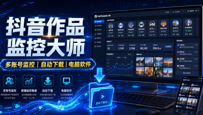 抖音作品监控大师，多账号监控丨自动下载丨电脑软件-小白项目网