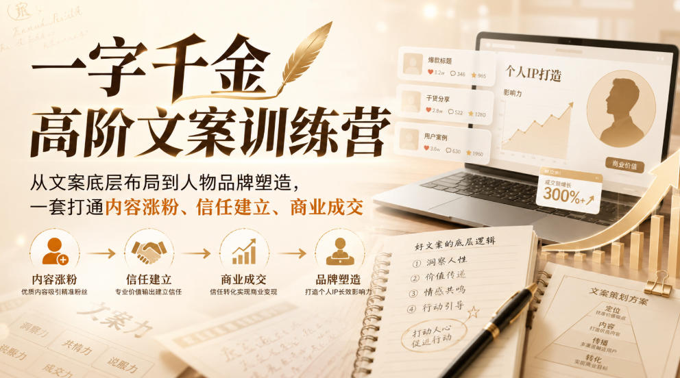一字千金高阶文案训练营，从文案底层布局到人物品牌塑造，一套打通内容涨粉、信任建立、商业成交-小白项目网