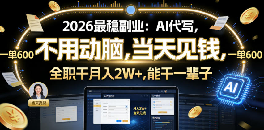2026最稳副业:AI代写,不用动脑,当天见钱,一单600,全职干月入2W+,能干一辈子【揭秘】-小白项目网