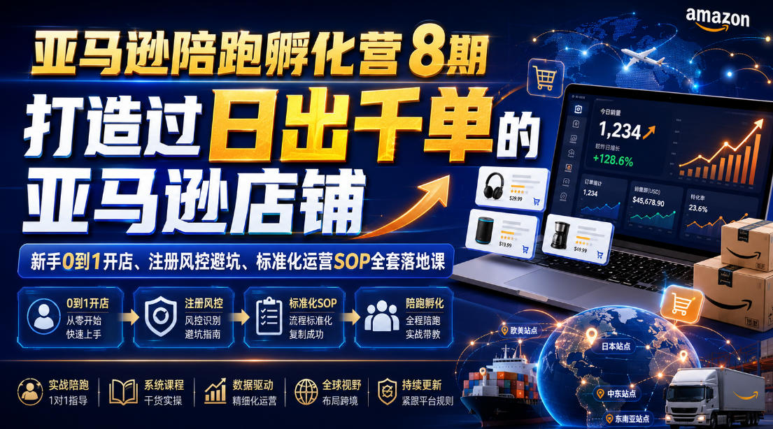 亚马逊陪跑孵化营8期,打造过日出千单的亚马逊店铺,新手0到1开店、注册风控避坑、标准化运营SOP全套落地课-小白项目网