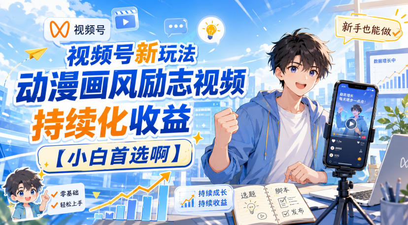 视频号新玩法动漫画风励志视频，持续化收益【小白首选啊】-小白项目网
