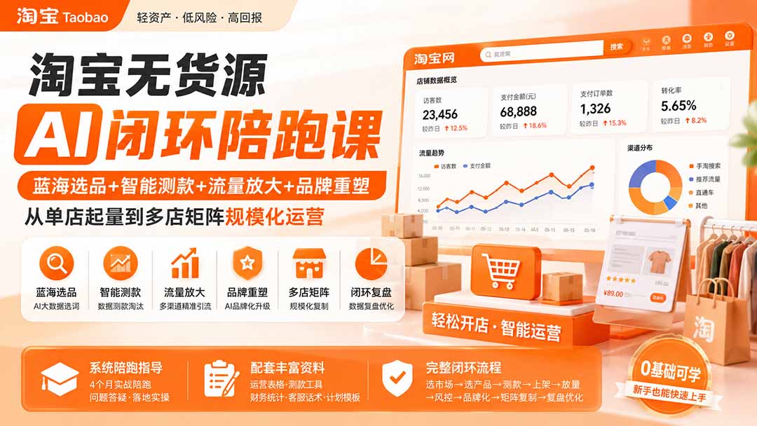 淘宝无货源AI闭环陪跑课：蓝海选品+智能测款+流量放大+品牌重塑，从单店起量到多店矩阵规模化运营-小白项目网