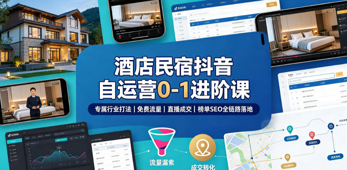 酒店民宿抖音自运营0-1进阶课｜专属行业打法、免费流量+直播成交+榜单SEO全链路落地-小白项目网