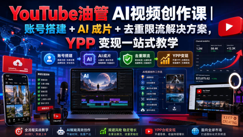 YouTube油管AI视频创作课|账号搭建+AI成片+去重限流解决方案,YPP变现一站式教学-小白项目网
